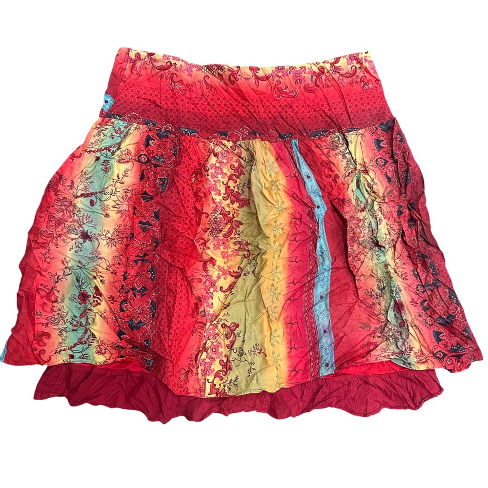 Xhilaration Red Floral Paisley Tiered Boho Mini Skirt Large Elastic Waist Ruffle